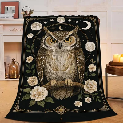 Owl Moon Phases Blanket featuring a detailed owl moon cycles