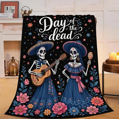 Day of the Dead Blanket: Skeleton Couple Playing Music and Flowers