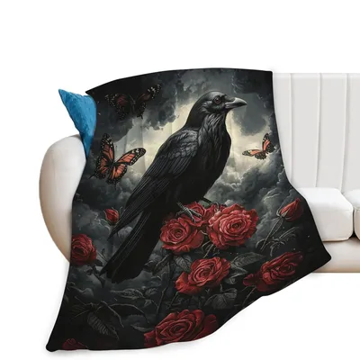 Gothic Raven Crow Blanket: Dark Art with Roses and Butterflies