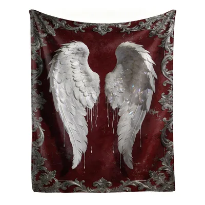 Angel Wings Gothic Blanket: Dark Red Wings with Silver Frame