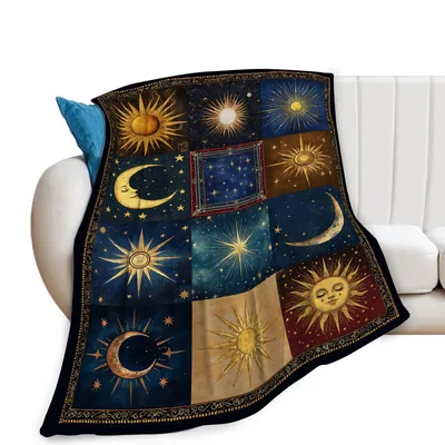 Celestial Sun and Moon Patchwork Blanket with Vintage Stars