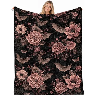 Gothic Bats and Blush Blanket: Dark Floral Throw for Gothic Lovers
