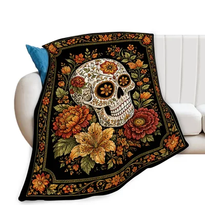 Sugar Skull Day Blanket: Ornate Floral Skull Art for Gothic Style