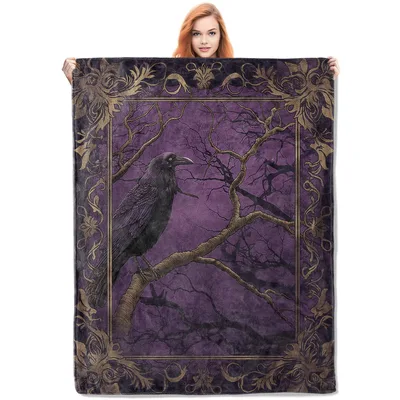 Gothic Raven Art Blanket: Dark Fantasy Throw with Gold Frame