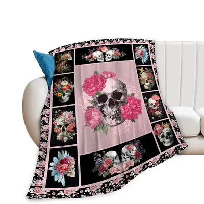 Floral Skulls Pink Peonies Blanket: Gothic Art with Vibrant Flowers