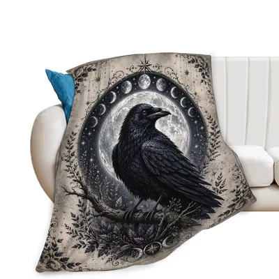 Raven Crow Gothic Art Blanket: Dark Moon and Bird Design
