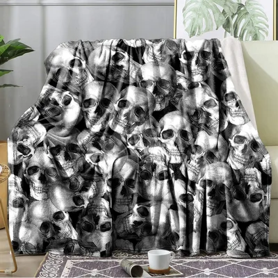 Monochrome Stacked Skulls Pattern Blanket for Gothic Decor