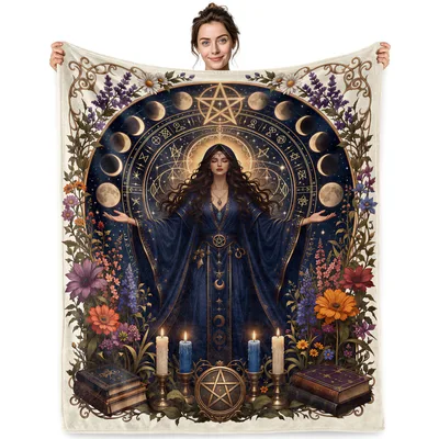Witchy Moon Phase Art Blanket: Mystical Witch and Celestial Design