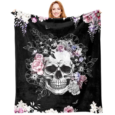 Skull Floral Design Blanket: Gothic Skull with Pink and Purple Flowers