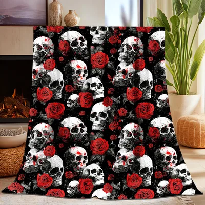 Skulls and Red Roses Blanket: Gothic Skulls and Roses Design