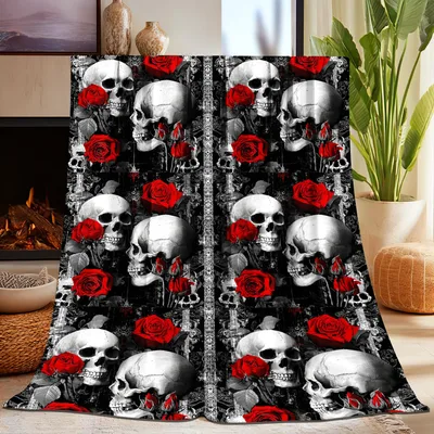 Gothic Skulls and Red Roses Blanket for Dark Aesthetic Lovers