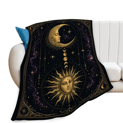 Celestial Sun and Moon Phases Blanket with Golden Faces