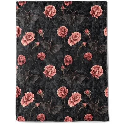 Gothic Bat Rose Pattern Blanket for Dark Romantic Aesthetics