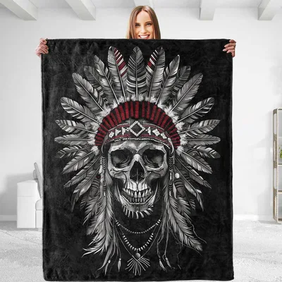 Skull Feather Headdress Blanket featuring a detailed skull adorned