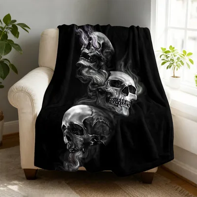 Skull Smoke Art Blanket: Three Skulls Rising from Swirling Mist