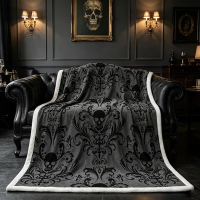 Gothic Skull Damask Blanket: Dark Floral Pattern for Gothic Interiors