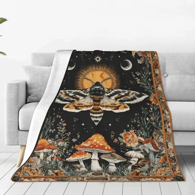 Moth Mushrooms Celestial Night Blanket: Gothic Moth and Mushroom Art