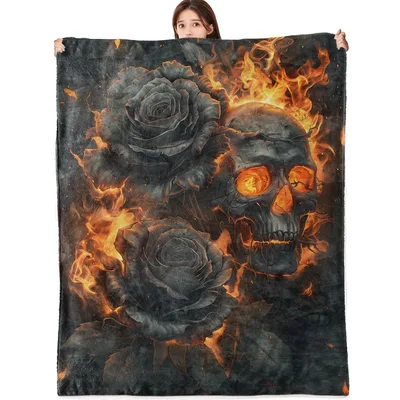 Fiery Skull and Black Blanket: Gothic Art with Roses