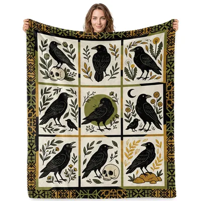 Raven Crow Skull Blanket: Gothic Art with Crows and Skulls