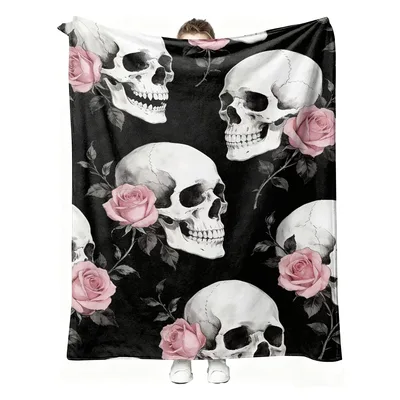 Black Gothic Skulls with Blush Roses Blanket: Dark Art for Your Space