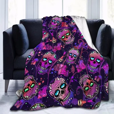 Sugar Skull Pattern Blanket: Neon Skulls and Mushrooms Design