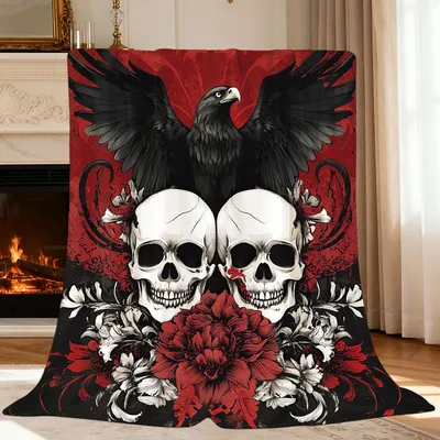 Gothic Crow Skulls and Red Roses Blanket for Dark Aesthetic Lovers