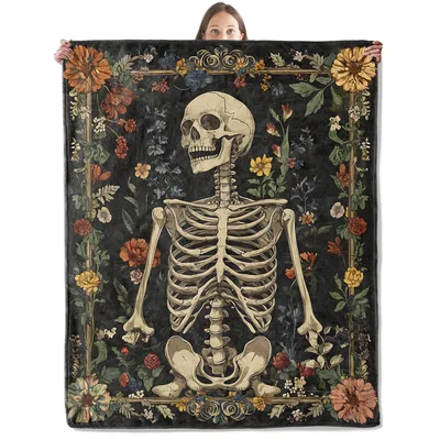 Skeleton Floral Art Blanket: Vintage Skull and Botanical Border Design
