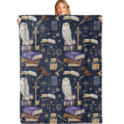Owl Spellbook Pattern Blanket: Gothic Magic Owl and Spell Book Throw