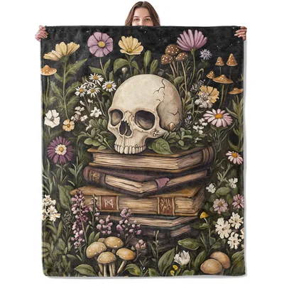 Skull Books Wildflowers Blanket featuring a vintage skull