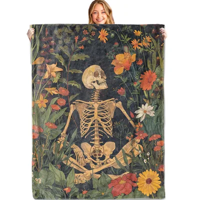 Skeleton Floral Botanical Blanket: Gothic Skeleton in Wildflower Throw