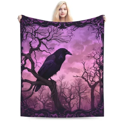 Gothic Raven Forest Blanket: Dark Purple Crow Art for Cozy Nights
