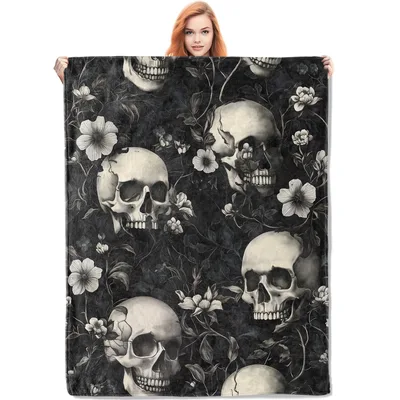 Gothic Skulls and Flowers Blanket: Dark Floral Art Design