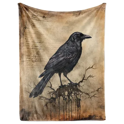 Gothic Raven on Branch Blanket: Vintage Crow Art for Dark Aesthetics
