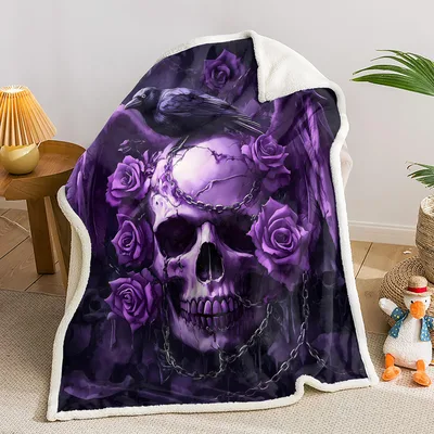 Purple Skull with Roses Blanket featuring a gothic purple skull
