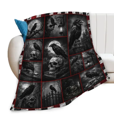 Gothic Crows and Skulls Collage Blanket for Dark Aesthetic Lovers