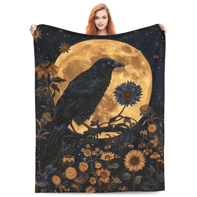 Raven Moon Floral Blanket: Gothic Crow and Sunflower Art