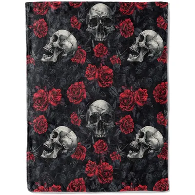 Midnight Skulls and Crimson Blanket: Gothic Skull Rose Design