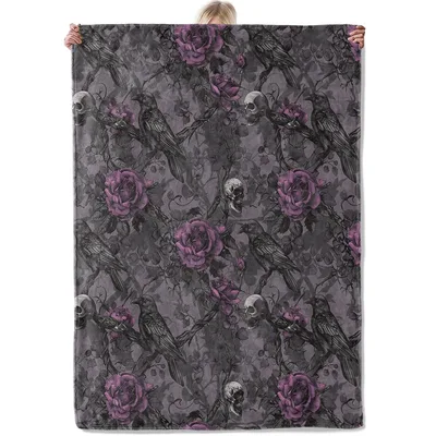 Gothic Ravens Roses Skulls Blanket: Dark Floral Art for Home