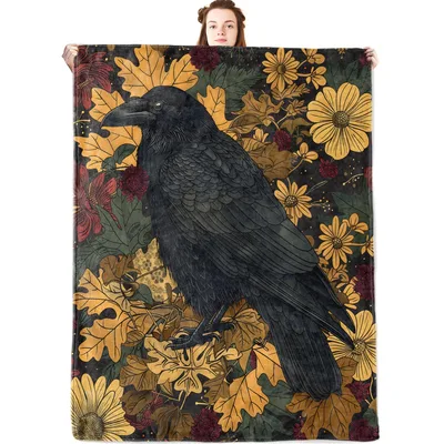 Raven Crow Autumn Floral Blanket: Gothic Bird and Fall Leaves Design