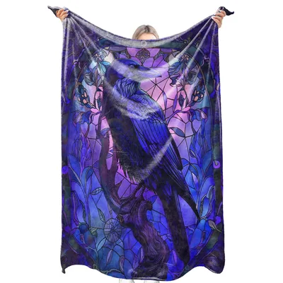Raven Stained Glass Blanket featuring a dark blue raven perched