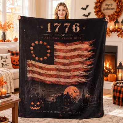 Spooky American Flag Halloween Blanket with 1776 Design