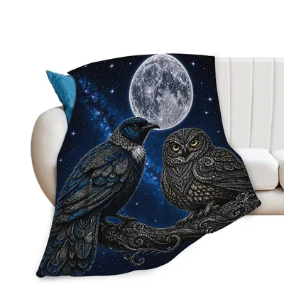 Raven Owl Moon Blanket: Gothic Art with Intricate Birds and Starry Sky