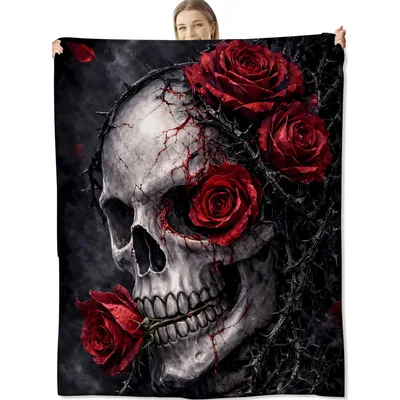 Skull Rose Crown Blanket: Gothic Skull and Red Roses Design