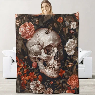 Skull Floral Botanical Blanket: Gothic Skull and Flower Art