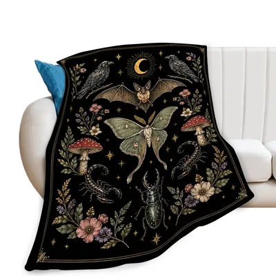 Gothic Moth Botanical Witchy Blanket: Dark Insect Art for Night Lovers