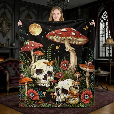 Gothic Mushroom Skull Blanket: A Dark Fantasy Art Print