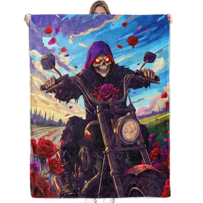 Grim Reaper Motorcycle Skull Blanket: Gothic Skeleton Art for Bikers