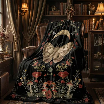 Gothic Moth Moon Blanket: Vintage Moth and Crescent Moon Design