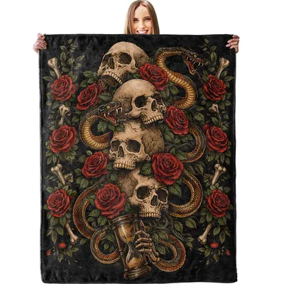 Gothic Skull Snake Rose Blanket: Vintage Skeleton and Serpent Design