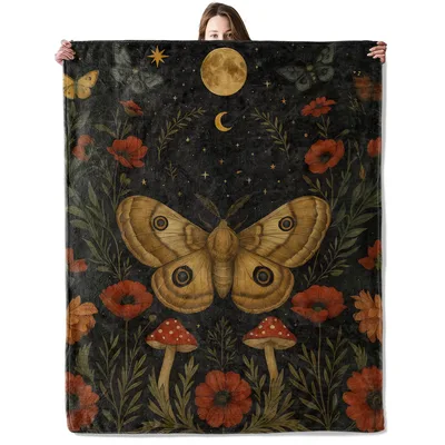 Moth Mushroom Celestial Botanical Blanket for Night Lovers